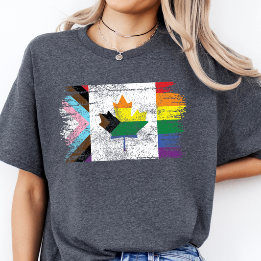 dark heather Canadian progressive flag t shirt with maple leaf pride design