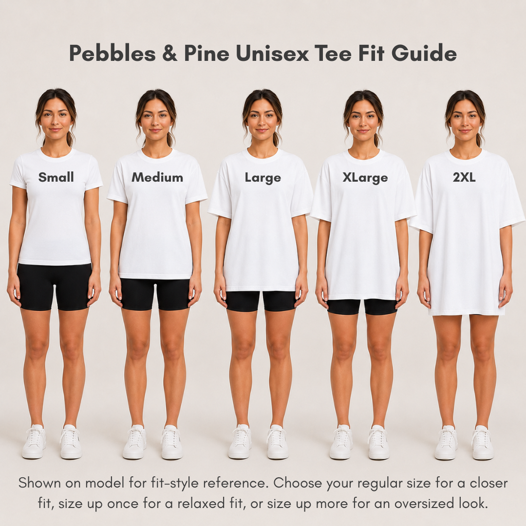 Pebbles and Pine unisex tee fit guide showing white Gildan t-shirt sizing from Small to 2XL on a model