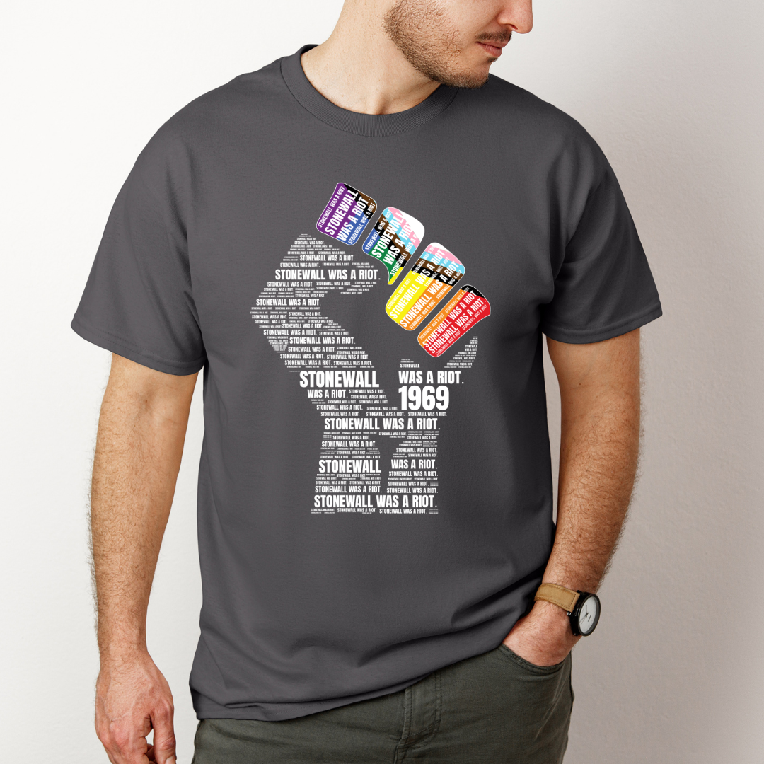 charcoal stonewall was a riot t shirt with raised fist pride design