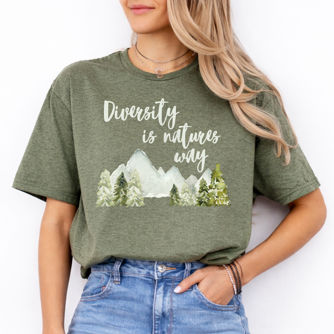 person wearing green neurodivergent shirt with diversity is nature design