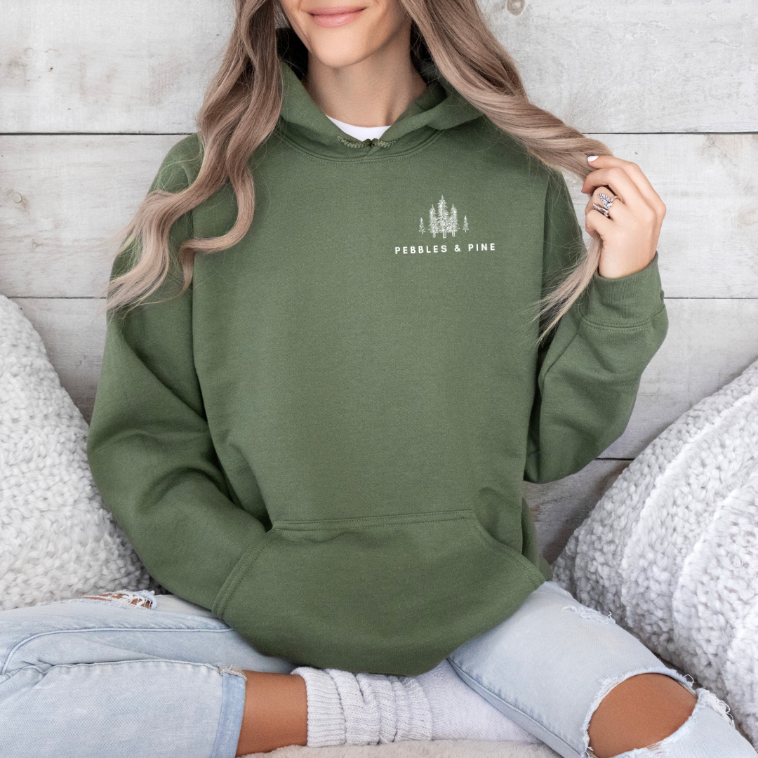 Military green Pebbles & Pine hoodie with small white pine tree logo on chest.