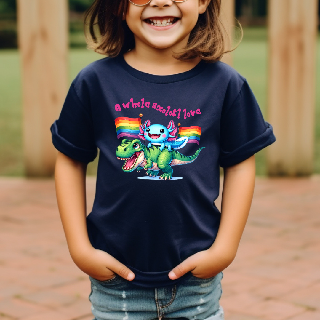 child wearing navy youth pride shirt with axolotl rainbow design