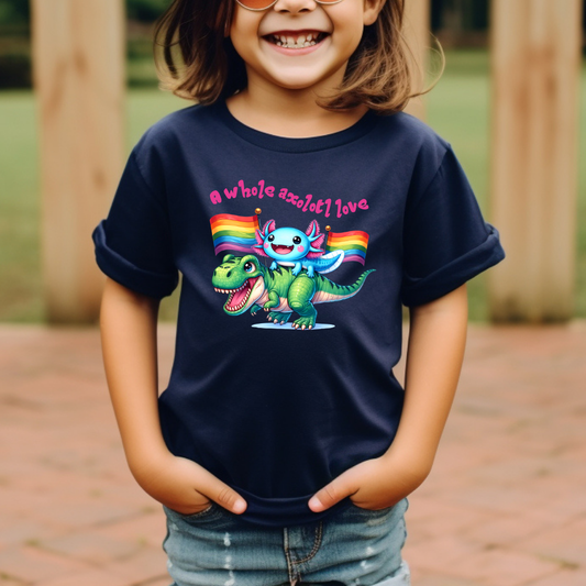 child wearing navy youth pride shirt with axolotl rainbow design