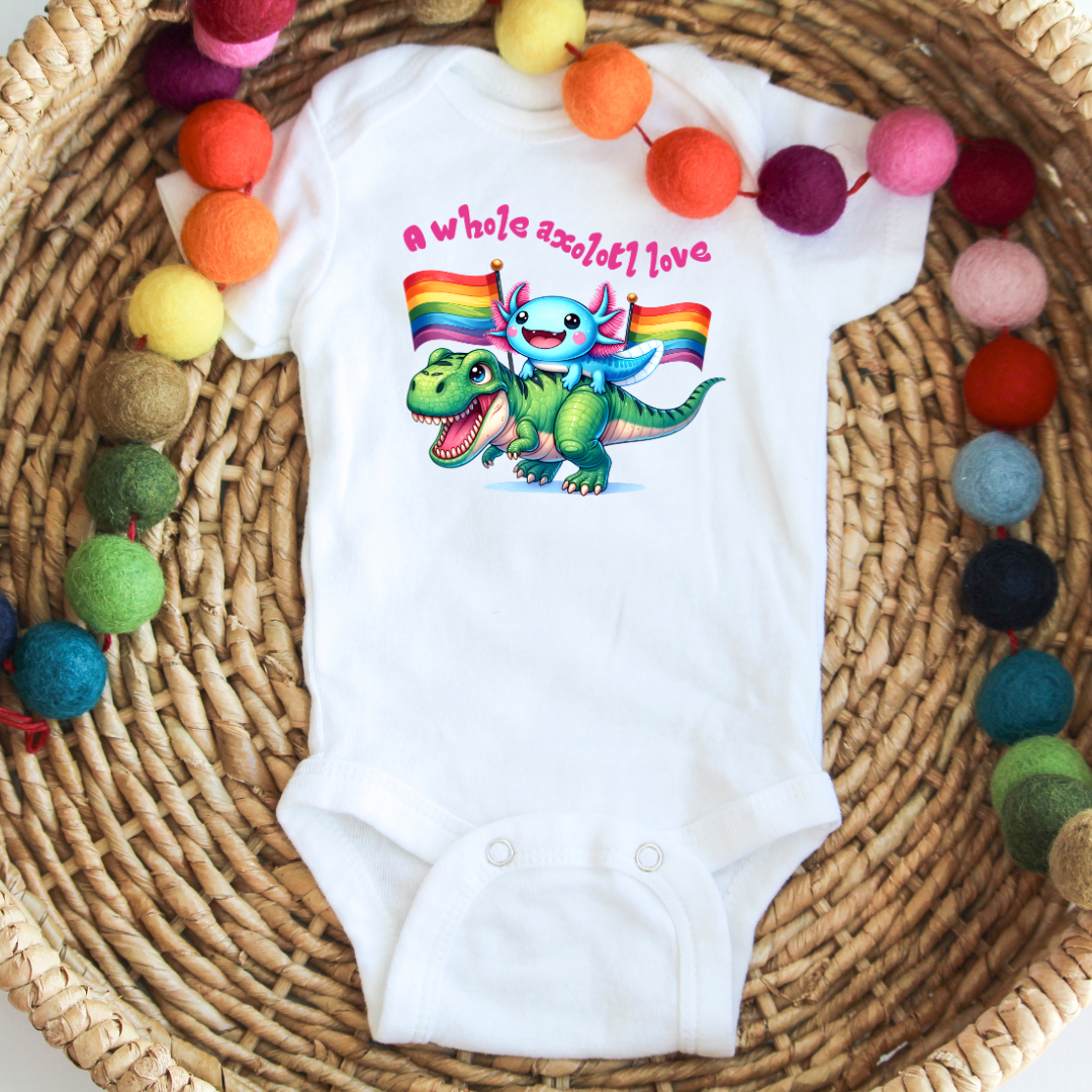 white axolotl pride baby onesie with rainbow design