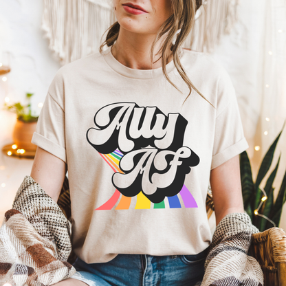 natural ally af t shirt with retro rainbow design