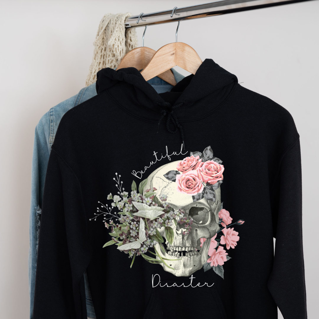 black beautiful disaster hoodie floral skull design mental health apparel Canada