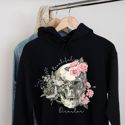 black beautiful disaster hoodie floral skull design mental health apparel Canada