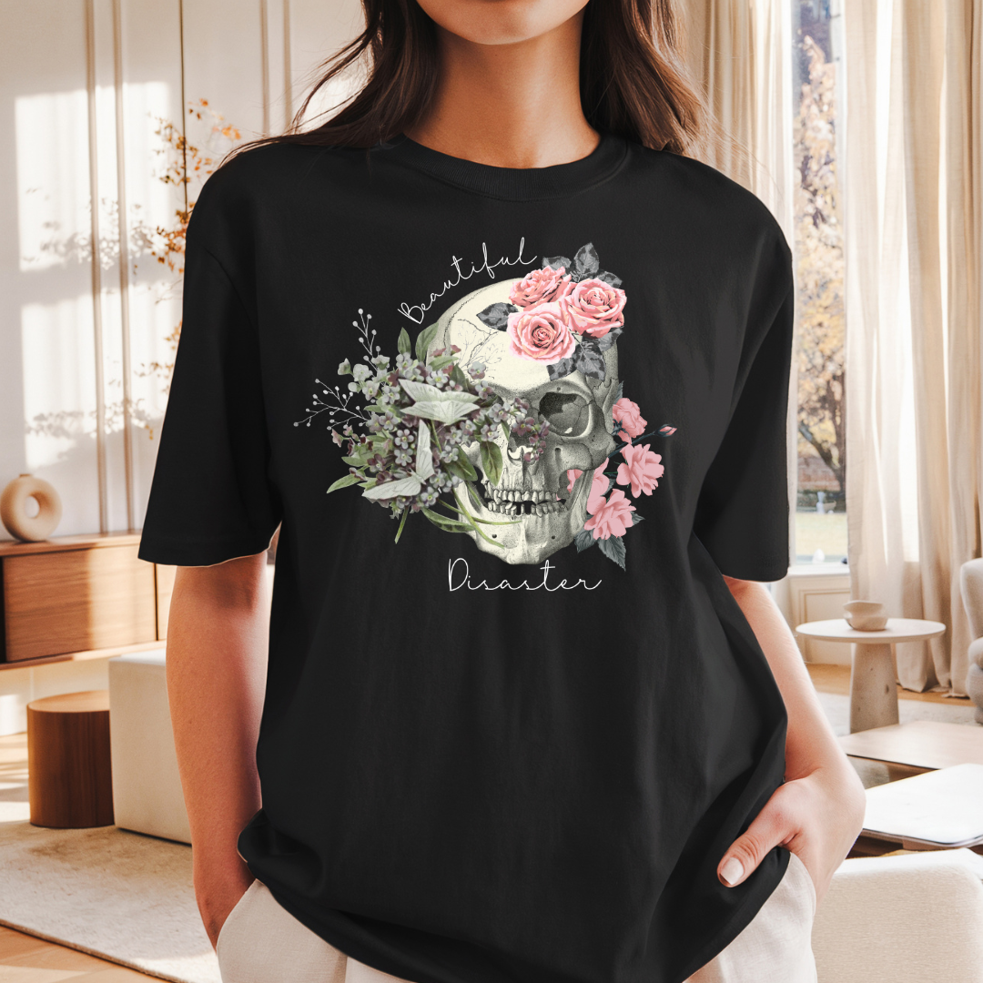 black beautiful disaster t shirt with floral skull design