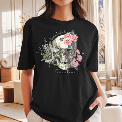 black beautiful disaster t shirt with floral skull design