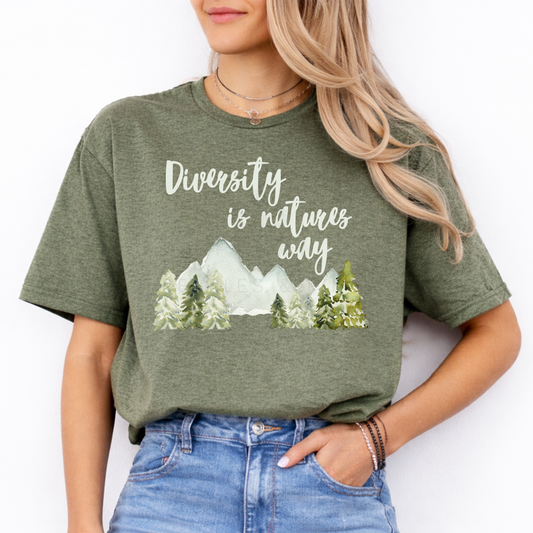 military green diversity is nature’s way t shirt with mountain and trees design