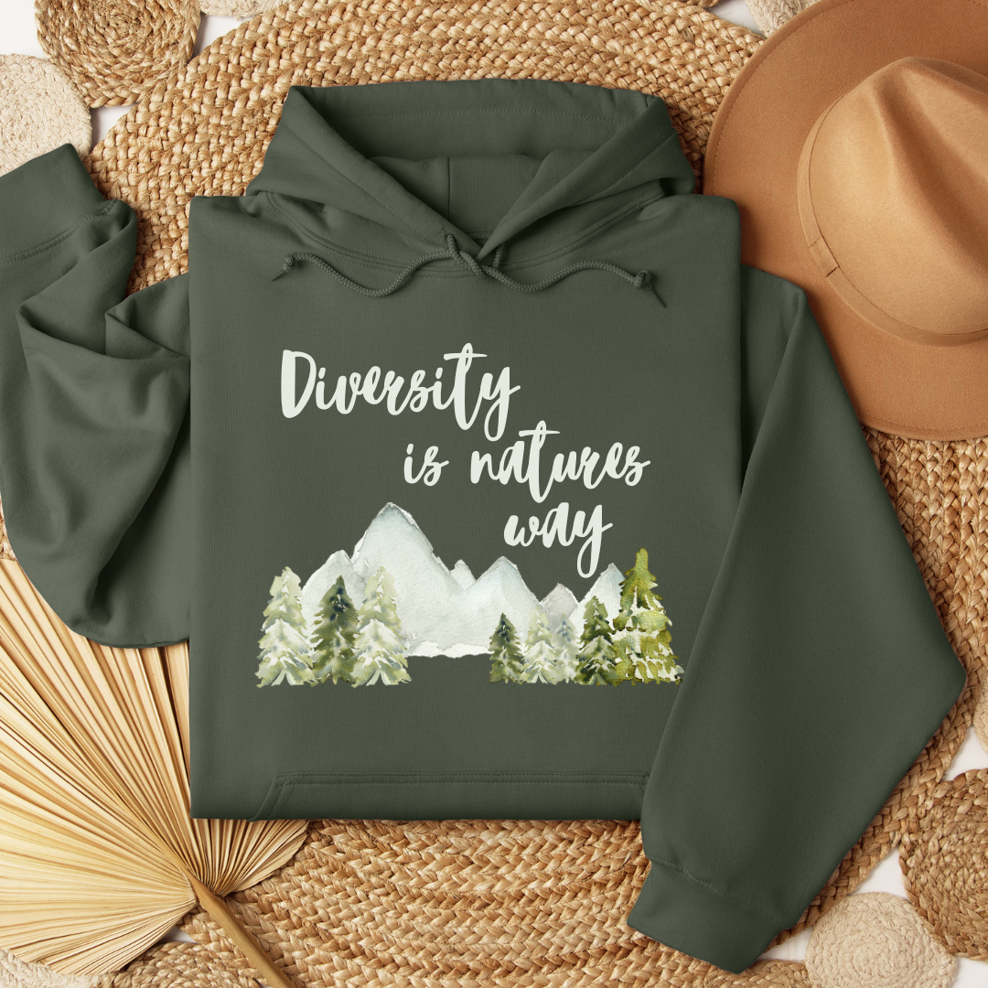 military green diversity is nature’s way hoodie with mountain and trees design