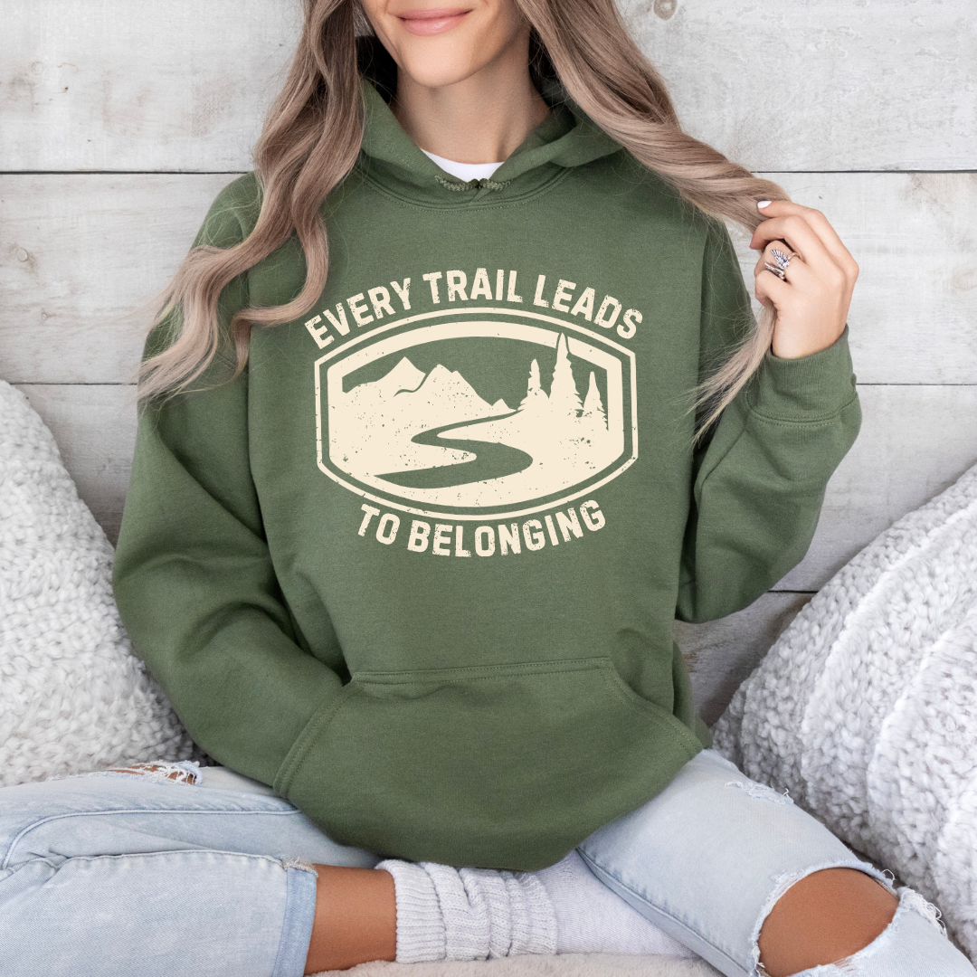 military green every trail leads to belonging hoodie with trail design