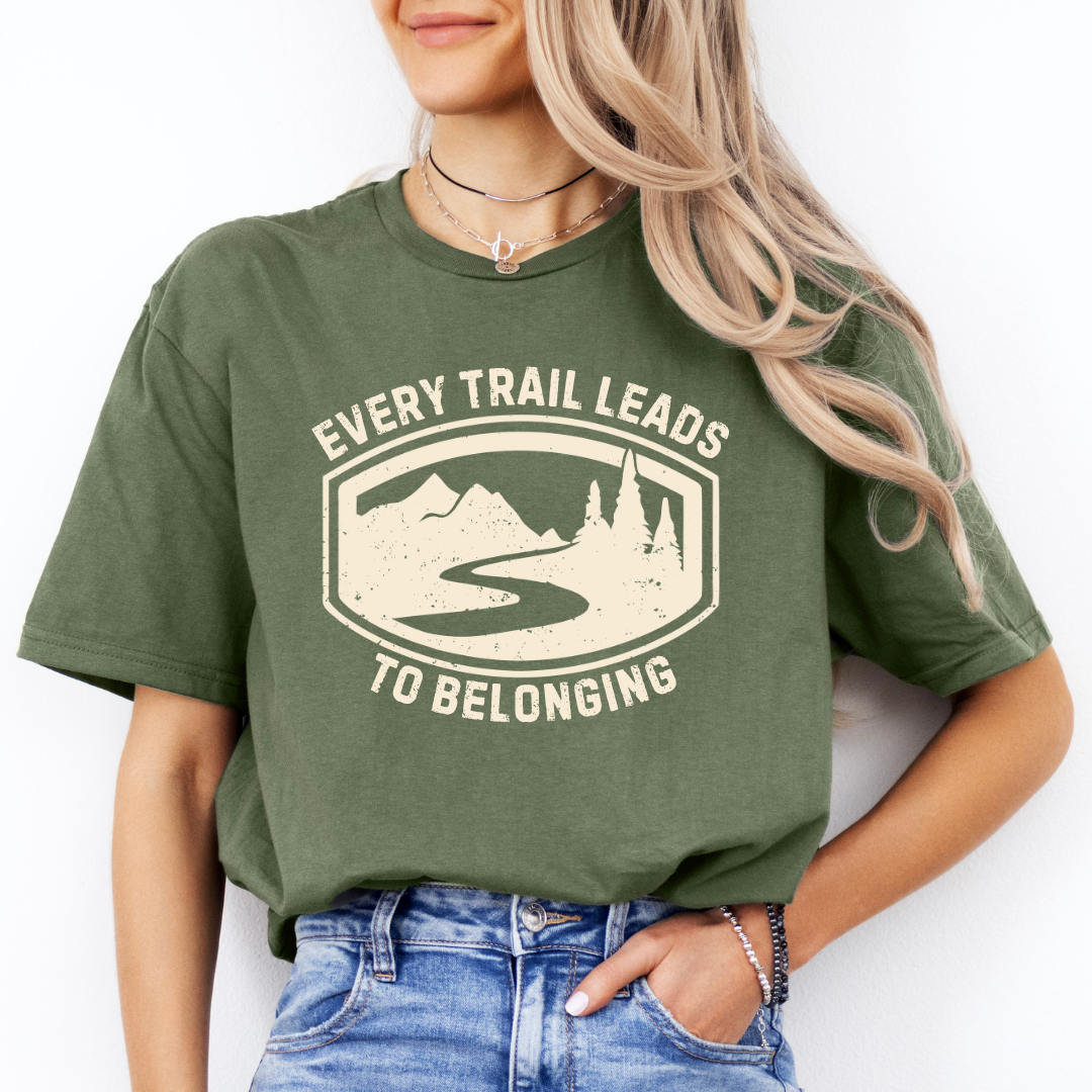 military green every trail leads to belonging t shirt with trail design