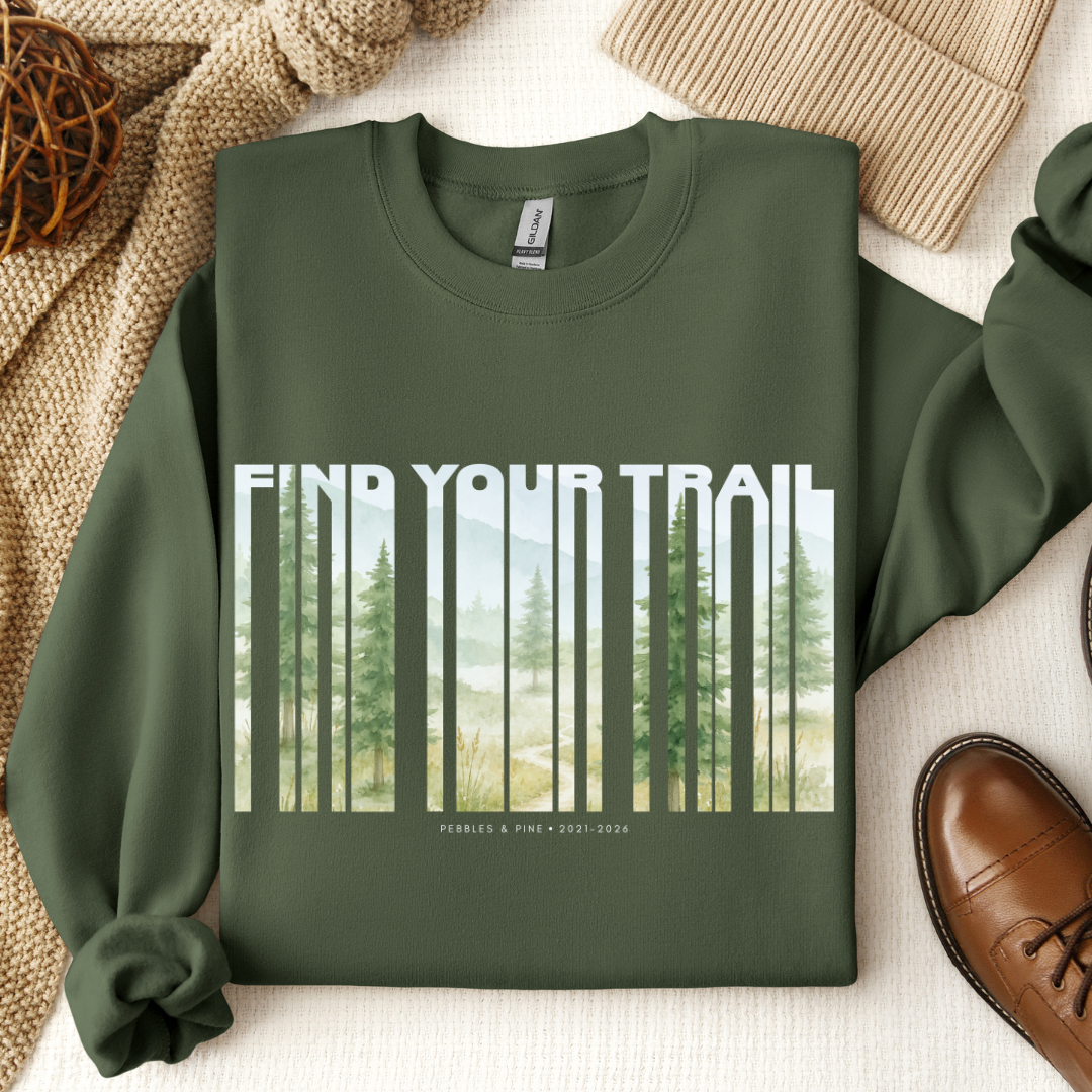 Military Green Find Your Trail nature crewneck sweatshirt with pine forest graphic by Pebbles & Pine