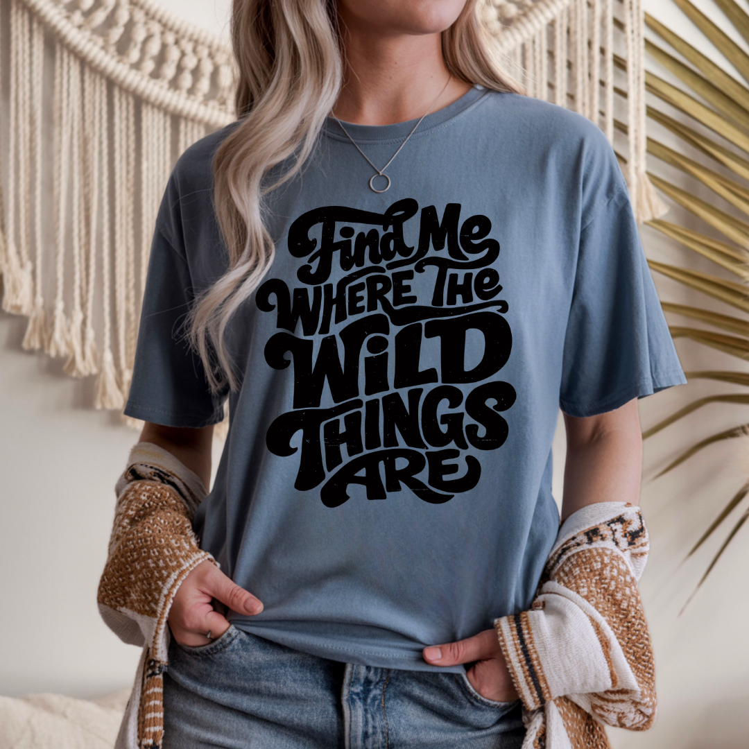 denim garment dyed find me where the wild things are t shirt with bold script text design
