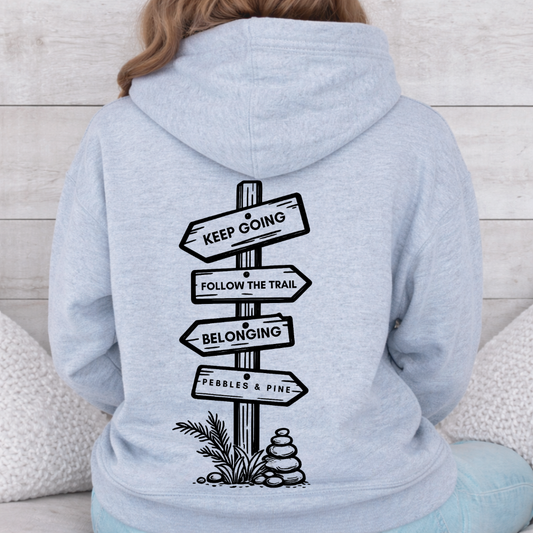 sport grey keep going trail hoodie with  back signpost mental health graphic