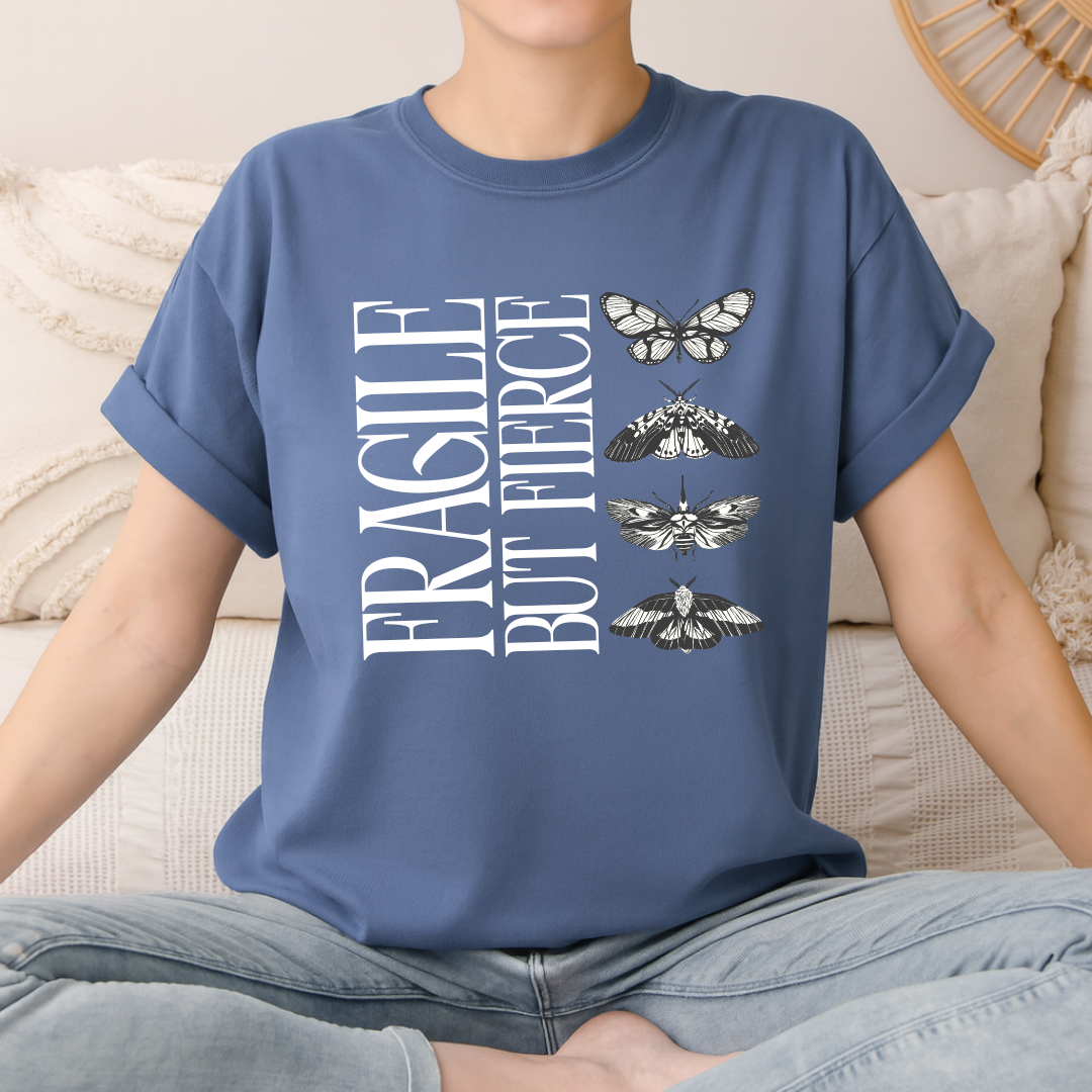 denim fragile but fierce t shirt with butterfly design