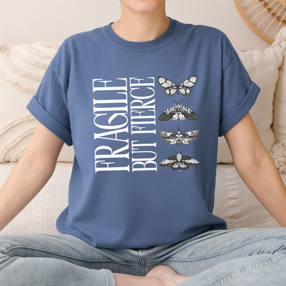 denim fragile but fierce t shirt with butterfly design