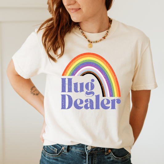 ivory garment dyed hug dealer rainbow t shirt with colorful pride rainbow graphic