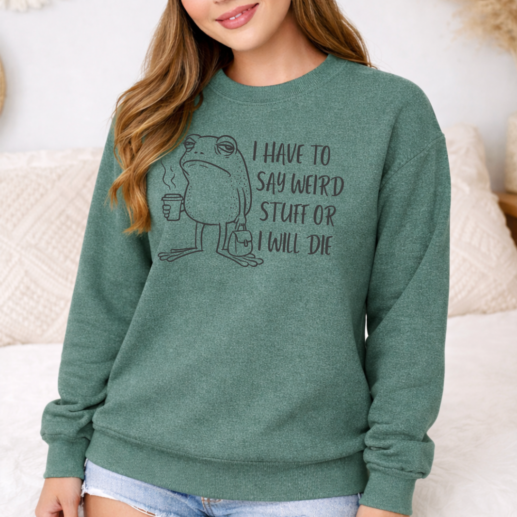 heather sport dark green i have to say weird stuff crewneck with frog graphic and text design