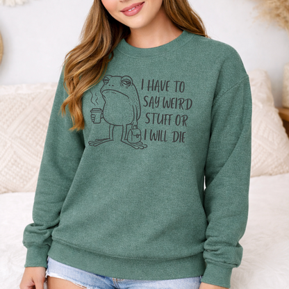 heather sport dark green i have to say weird stuff crewneck with frog graphic and text design