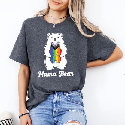 person wearing dark heather mama bear pride shirt with progressive flag bear design