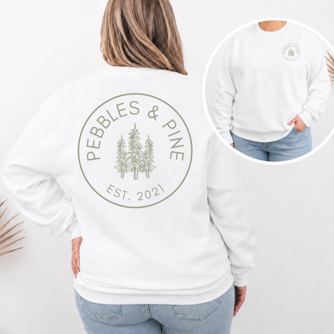 white Pebbles & Pine crewneck with green Est. 2021 pine tree logo on back and front chest design