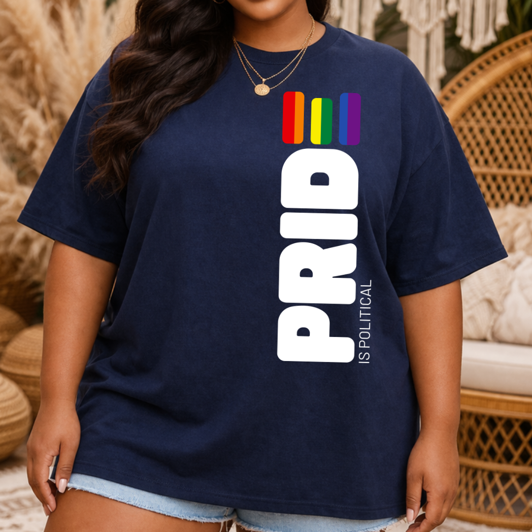 navy PRIDE is political t shirt with vertical pride text and rainbow bar graphic