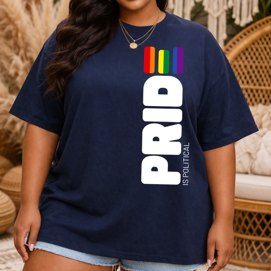 navy PRIDE is political t shirt with vertical pride text and rainbow bar graphic