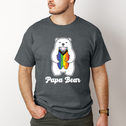 person wearing dark heather papa bear pride shirt with progressive flag bear design