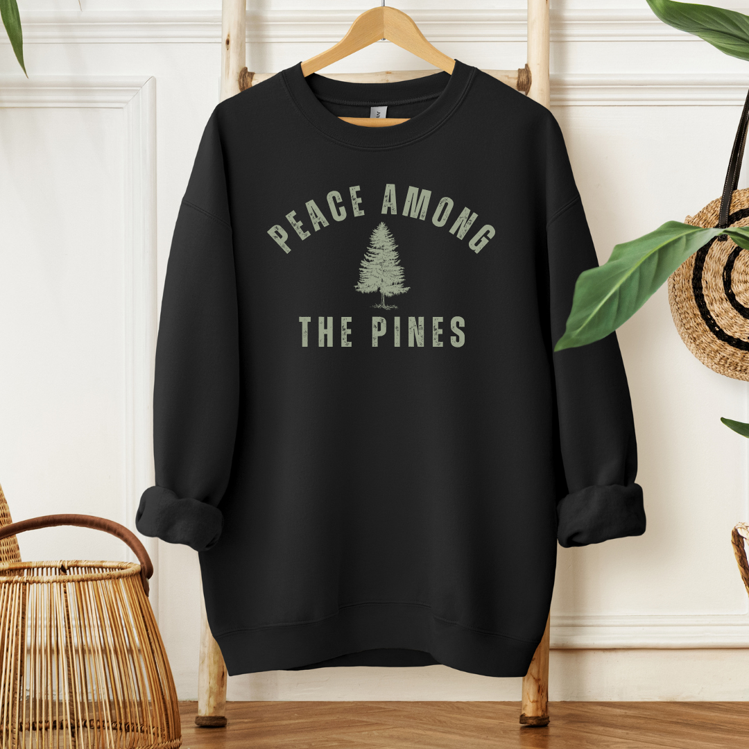 black peace among the pines crewneck sweatshirt with pine tree design