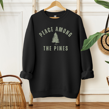 black peace among the pines crewneck sweatshirt with pine tree design