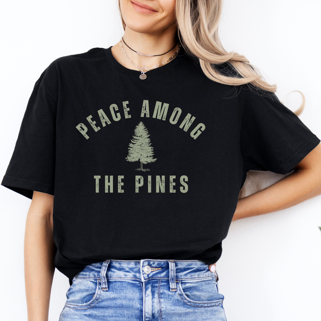 black peace among the pines t shirt with pine tree design
