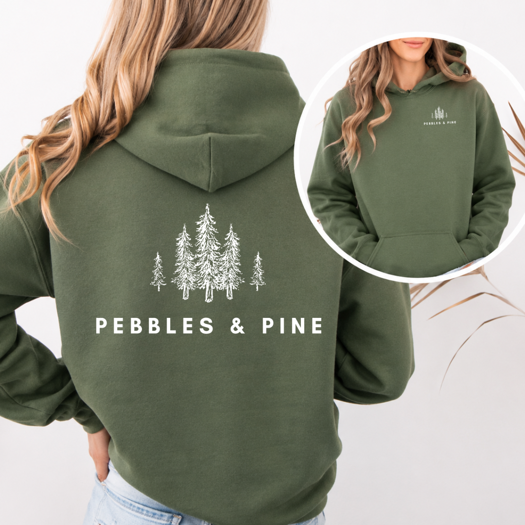 Military green Pebbles & Pine hoodie with back logo and front view inset.