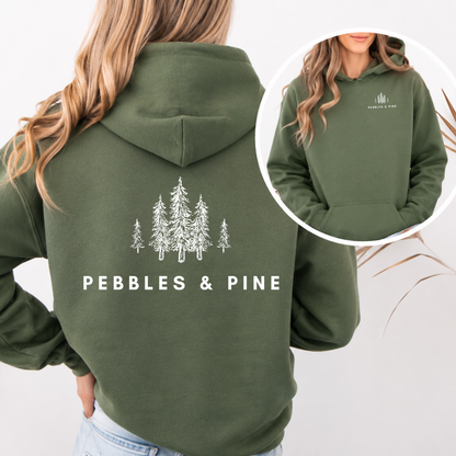 Military green Pebbles & Pine hoodie with back logo and front view inset.