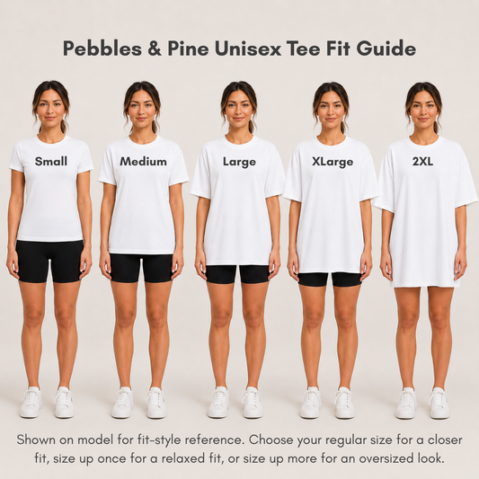 Pebbles and Pine unisex tee fit guide showing white Gildan t-shirt sizing from Small to 2XL on a model