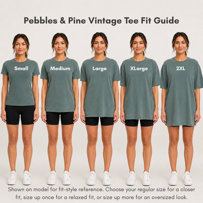 Pebbles and Pine vintage tee fit guide showing bay green Comfort Colors t-shirt sizing from Small to 2XL on a model