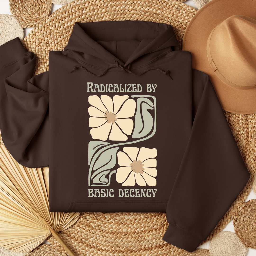 dark chocolate radicalized by basic decency hoodie with retro floral graphic design