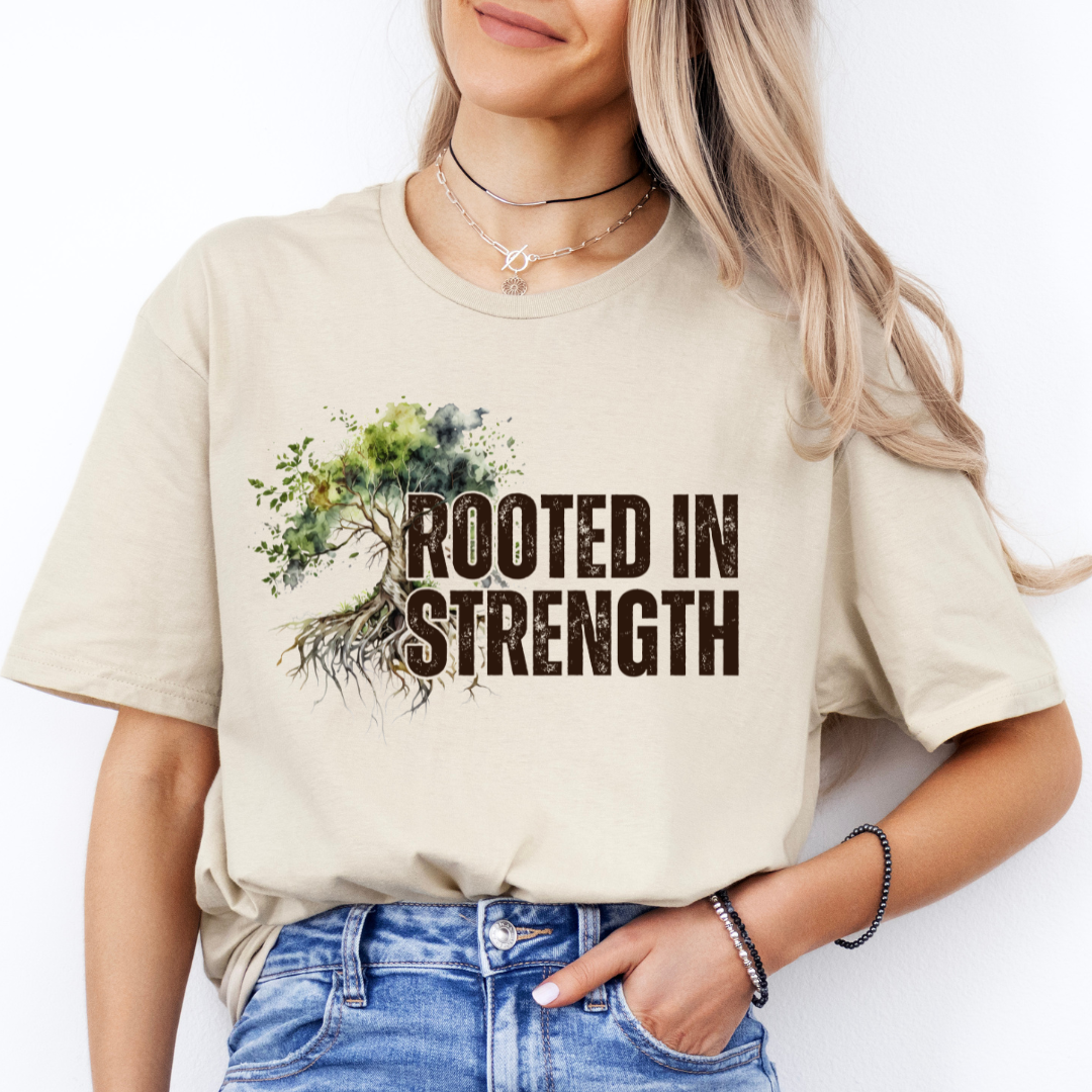 sand rooted in strength t shirt with tree design