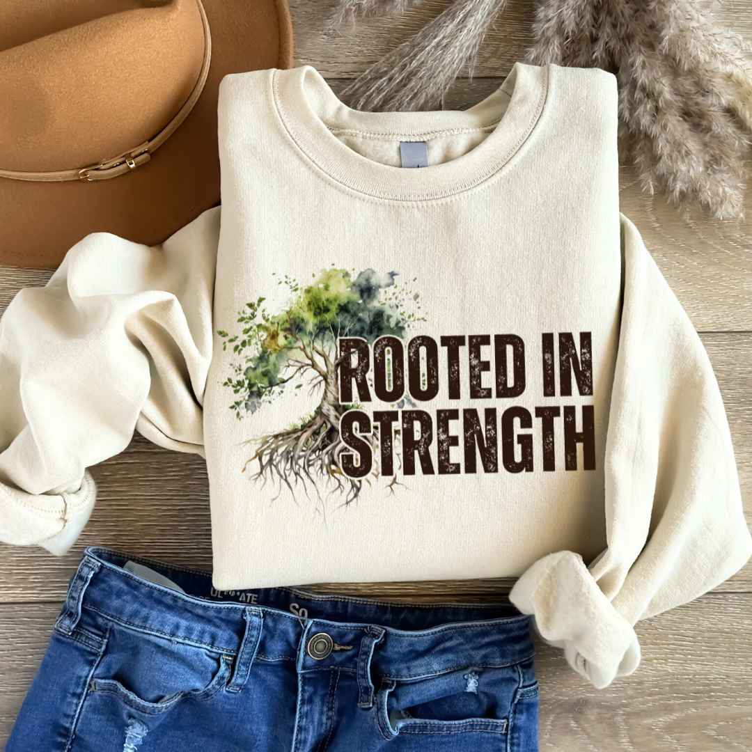 sand rooted in strength sweatshirt with tree design