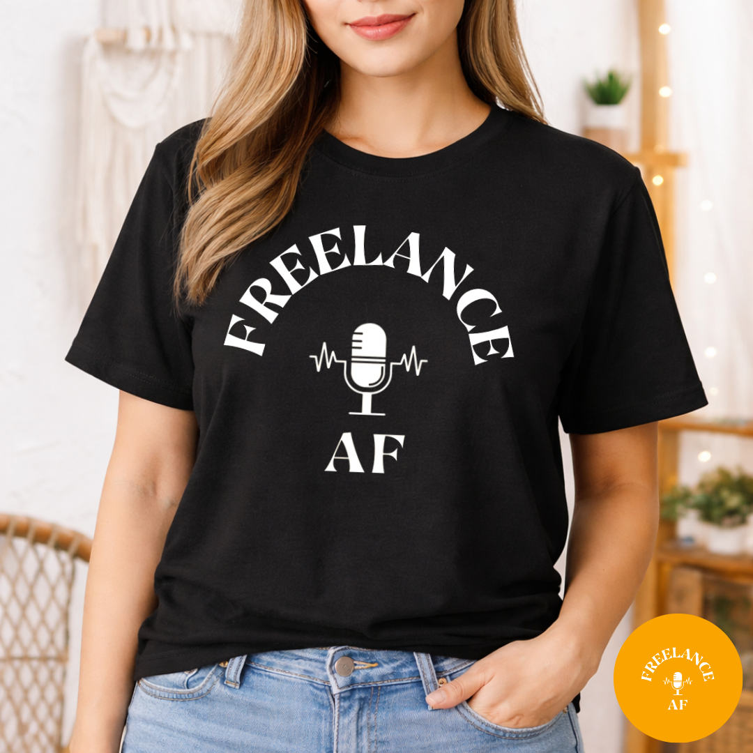 Woman wearing a black Freelance AF logo T-shirt with a white microphone and audio waveform design