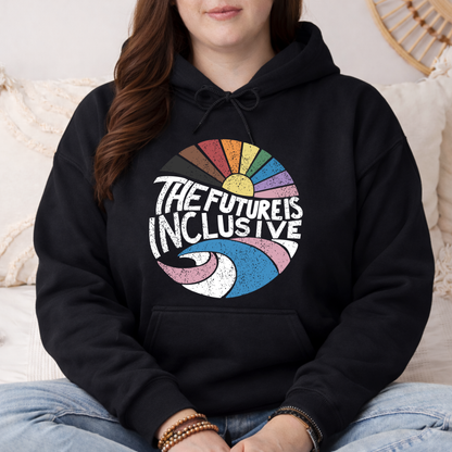 The Future Is Inclusive black hoodie with pride sunset and wave design