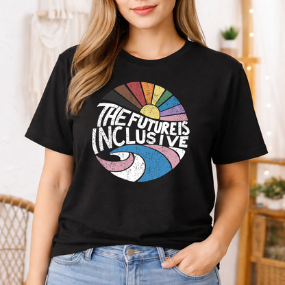 The Future Is Inclusive shirt with retro rainbow and trans-inspired sun and wave design on black tee.