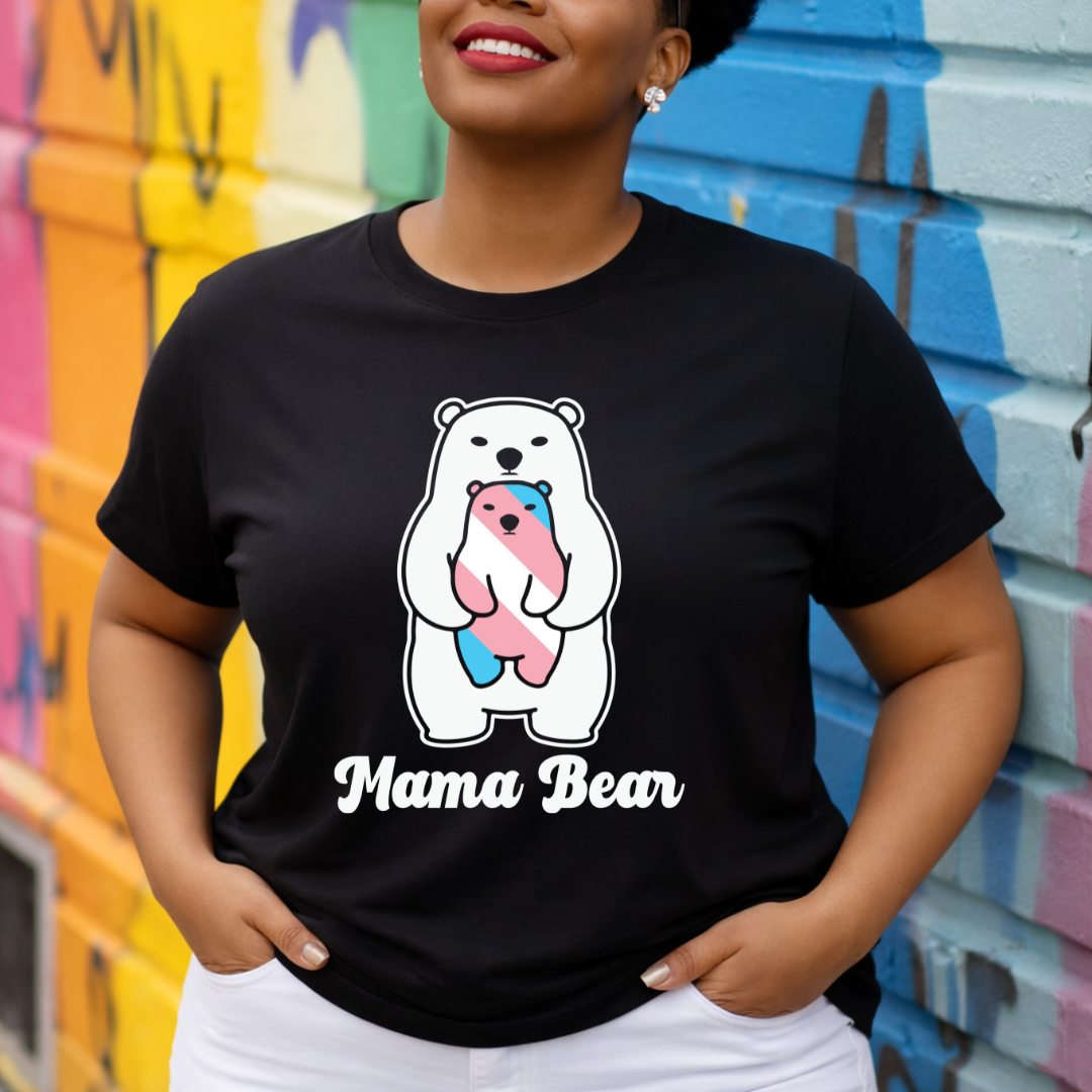 person wearing black mama bear trans pride shirt with bear and trans flag design