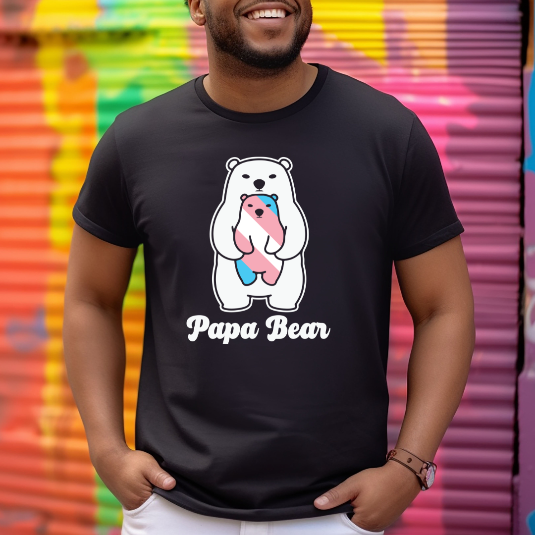 person wearing black papa bear trans pride shirt with bear and trans flag design