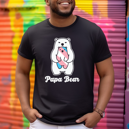 person wearing black papa bear trans pride shirt with bear and trans flag design