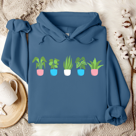 indigo blue trans plant pots hoodie with potted plants in trans flag colours across chest