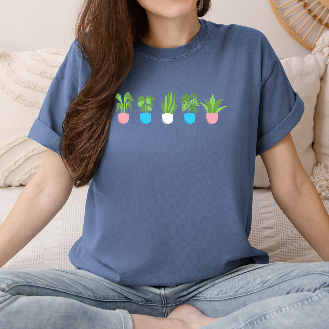 denim garment dyed trans plant pots t shirt with potted plants in trans flag colours across chest
