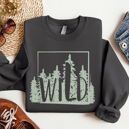 charcoal wild crewneck sweatshirt with forest graphic design
