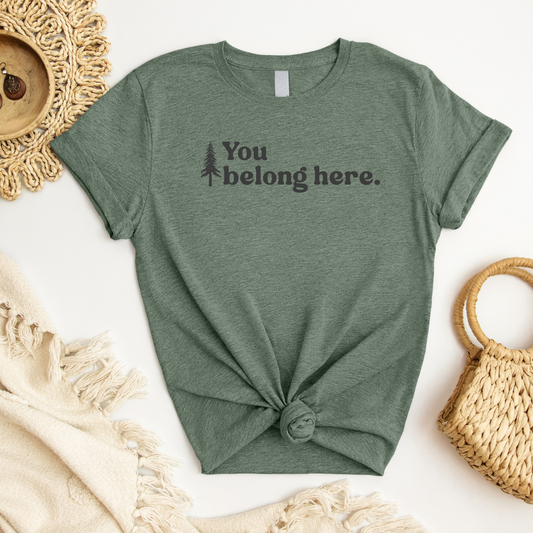 heather military green you belong here pinetree t shirt with minimal text design